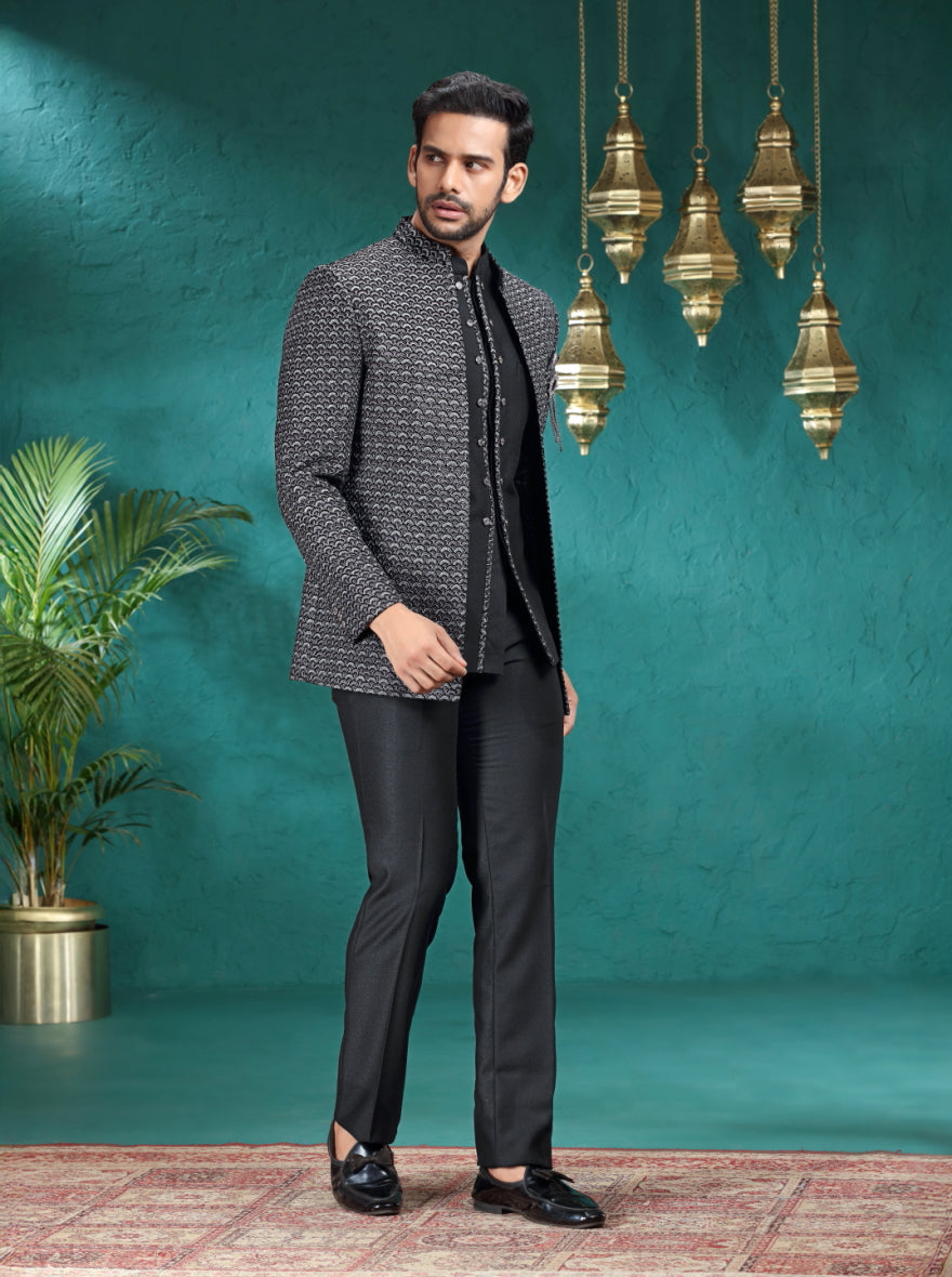 Black Self Design Jodhpuri Suit | JadeBlue