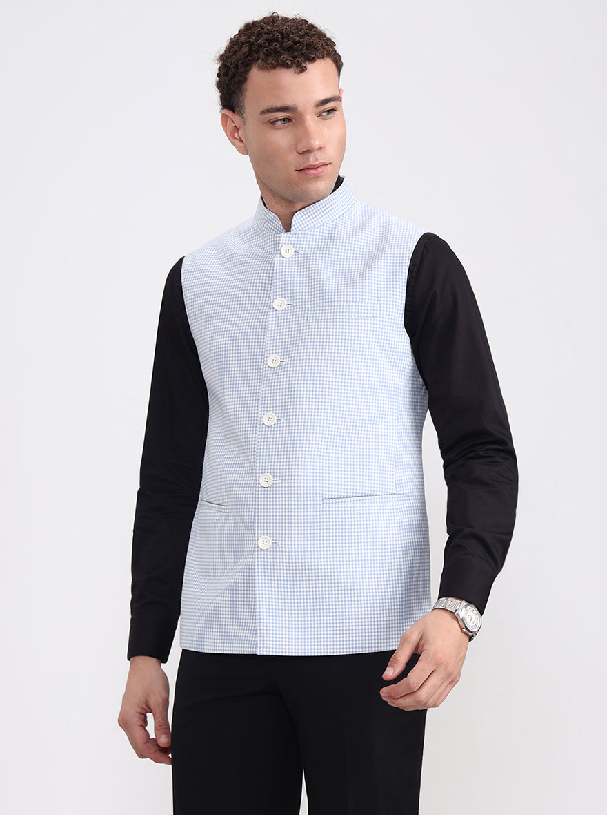 White & Blue Checked Regular Fit Modi Jacket | JadeBlue