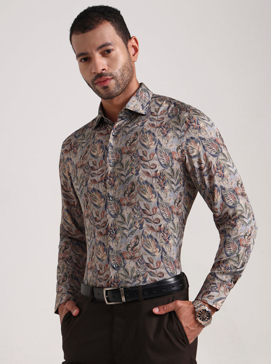 Olive Printed Slim Fit Formal Shirt | JadeBlue Super Luxe