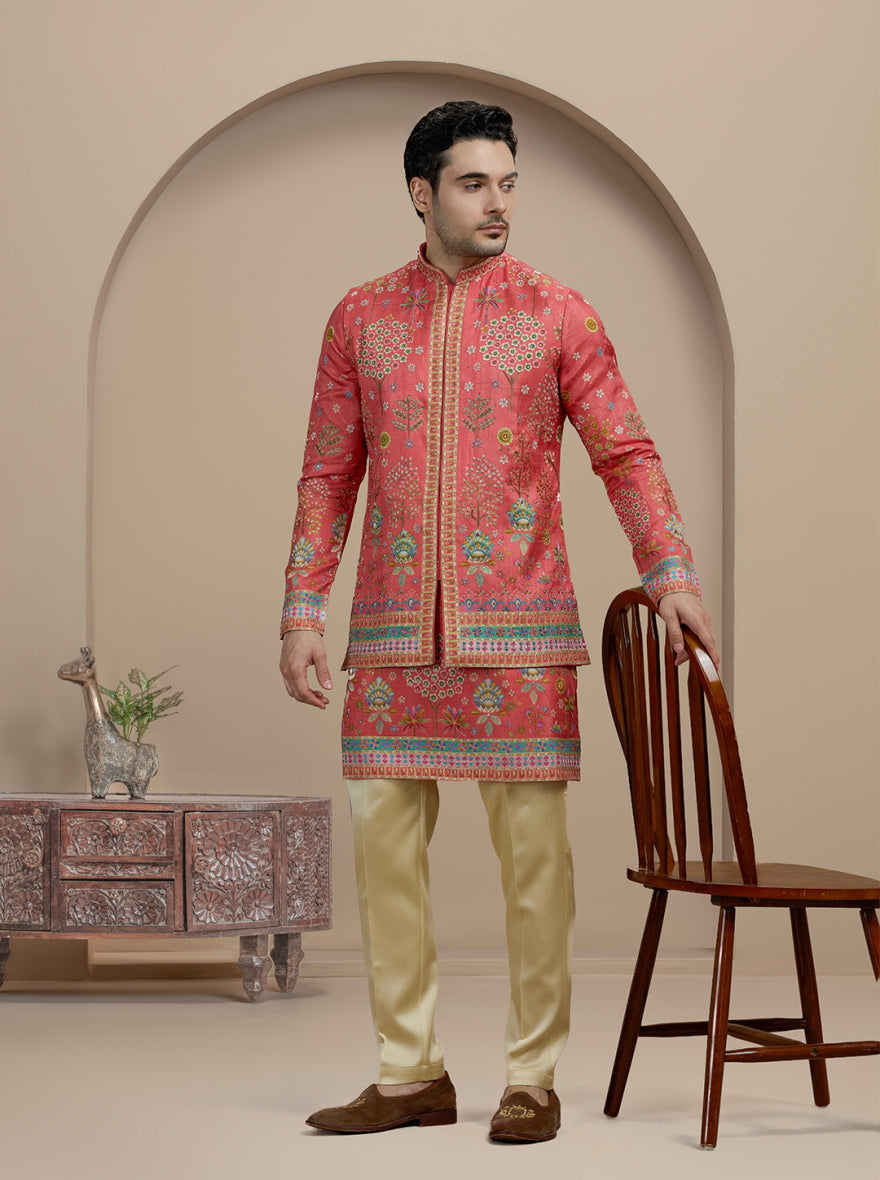Orange Printed Kurta Pajama with Koti | TULA