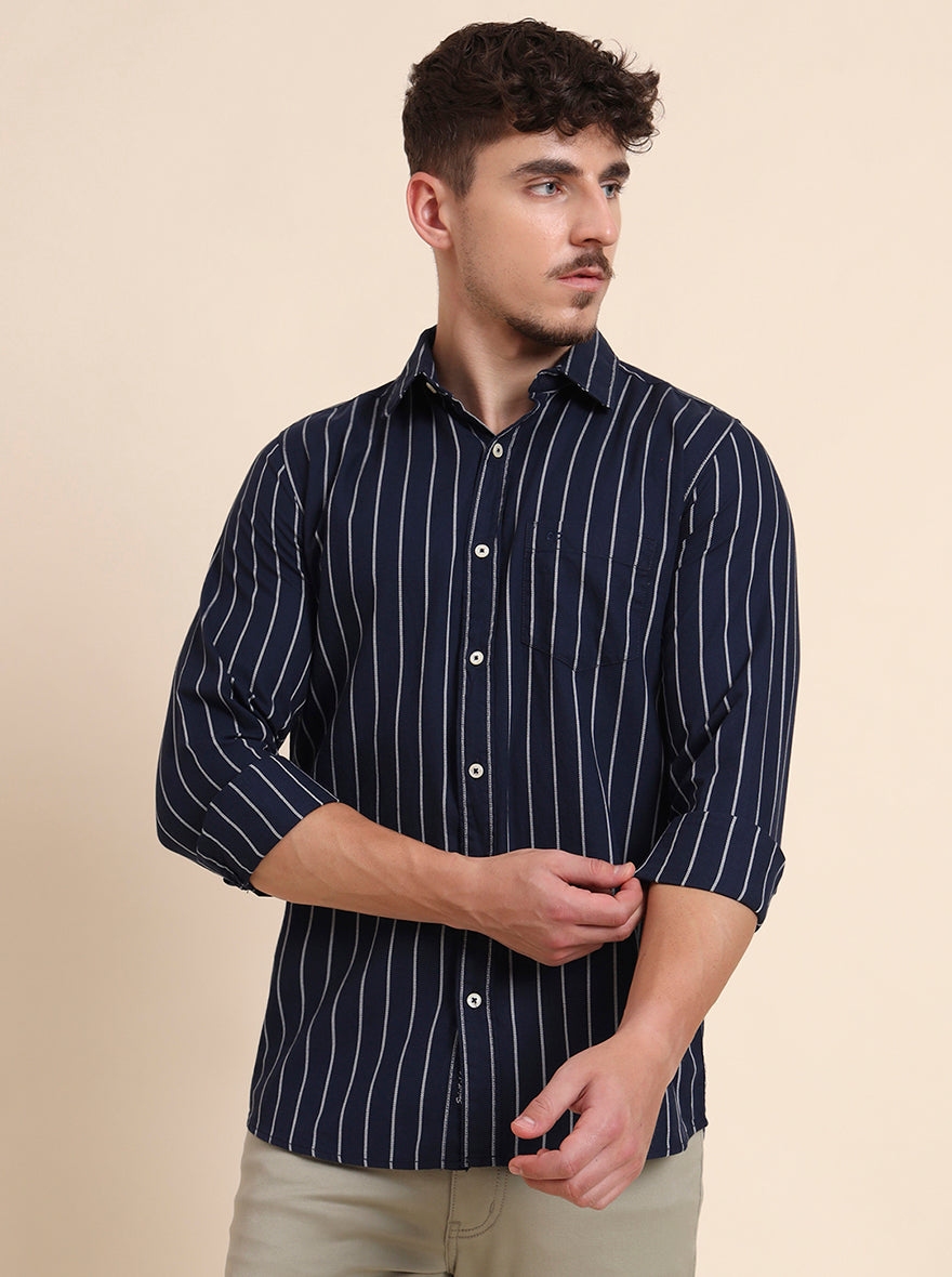 Navy Blue Striped Slim Fit Casual Shirt | JadeBlue
