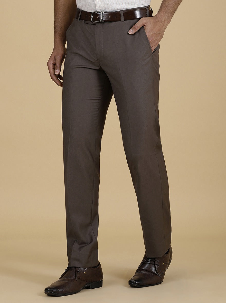 Brown Solid Slim Fit Formal Trouser | Metal