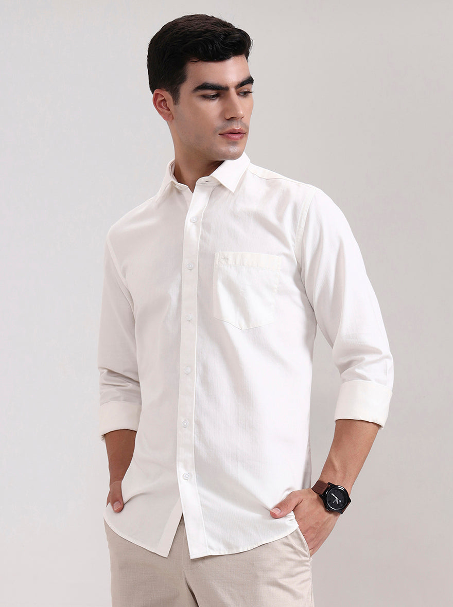 Cream Solid Tailored Fit Semi Casual Shirt | JadeBlue