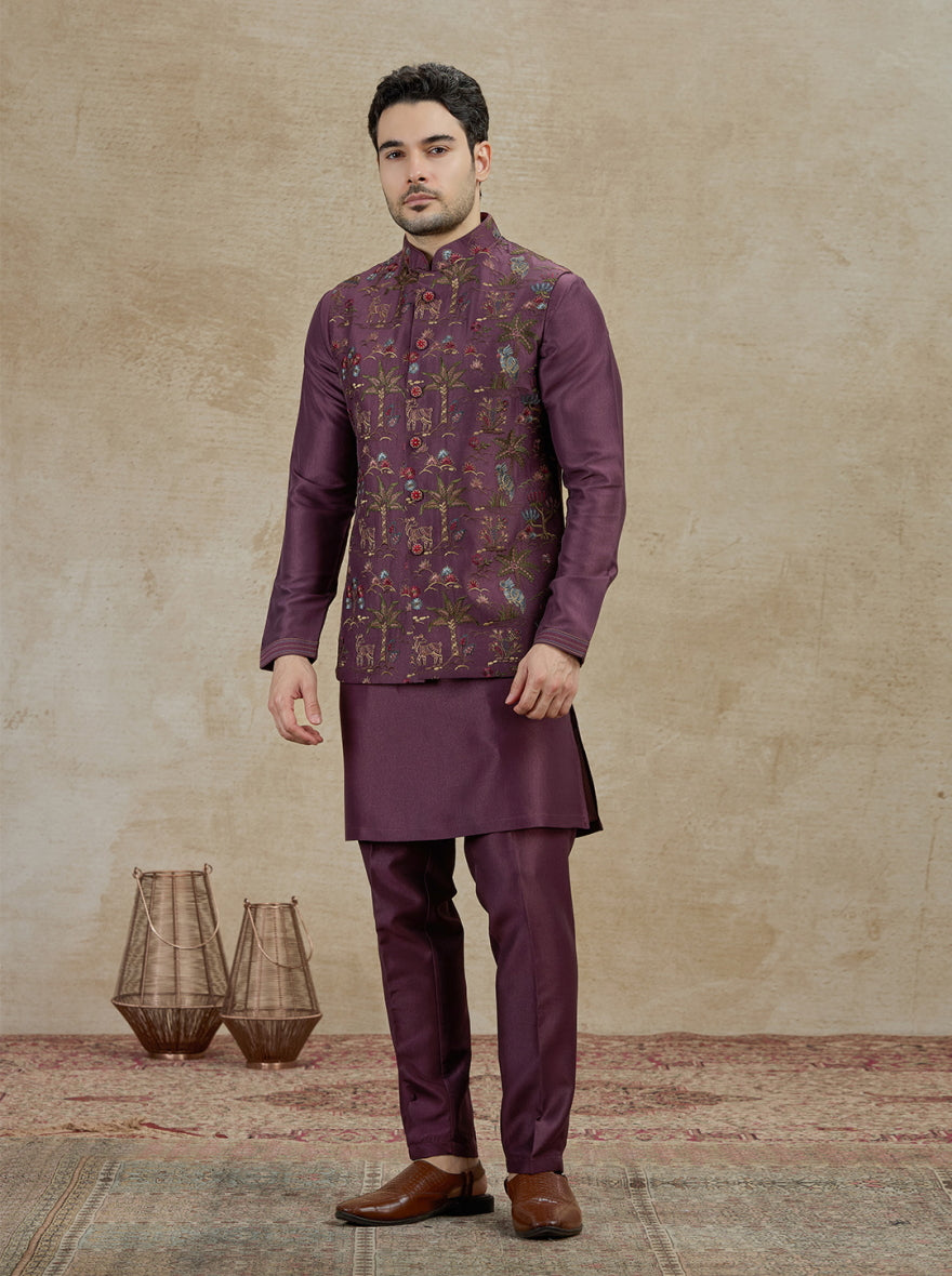 Wine Embroidered Kurta Pajama with Koti | Virasana