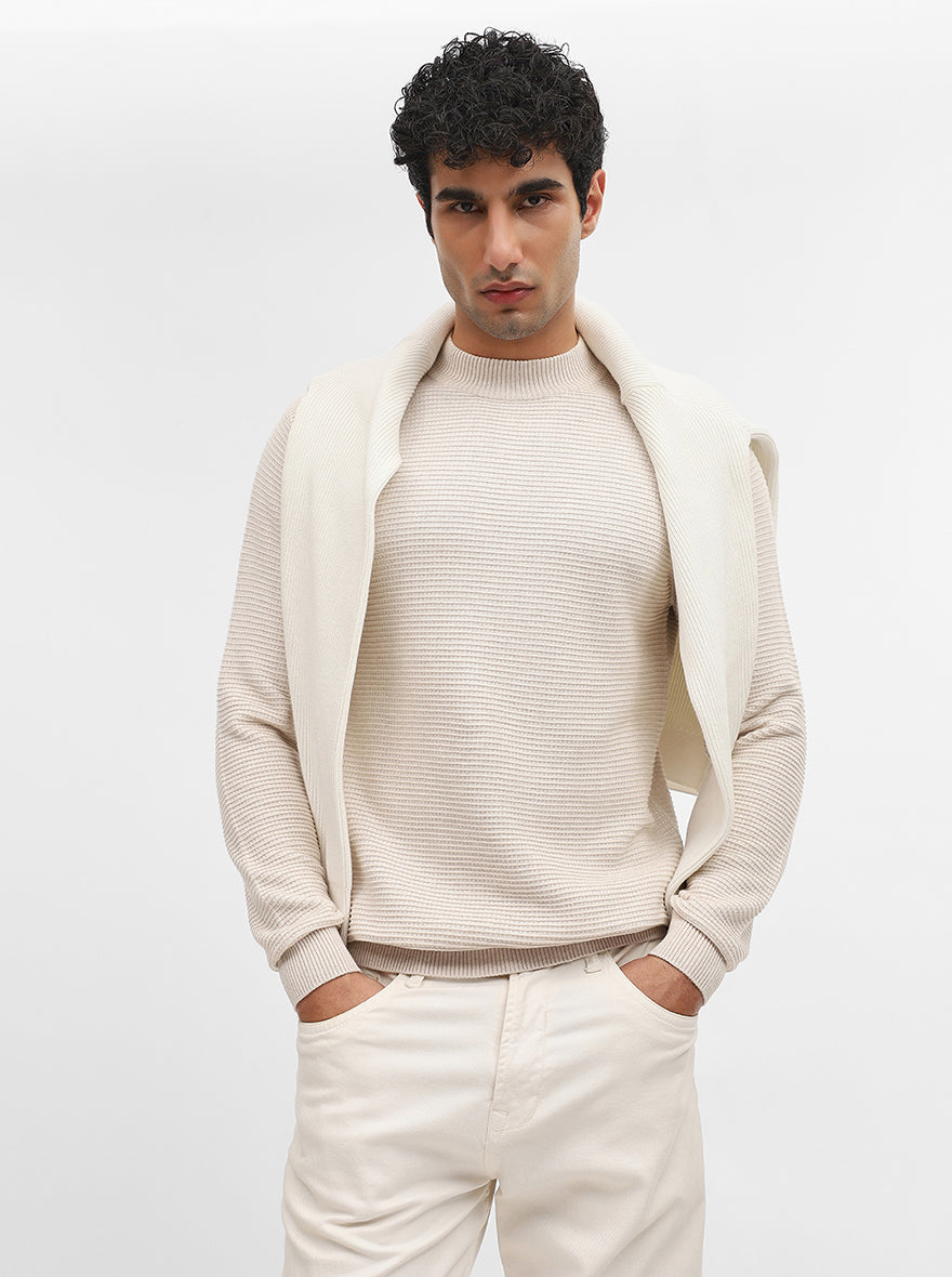 Beige Striped Slim Fit Winter T-Shirt | JadeBlue