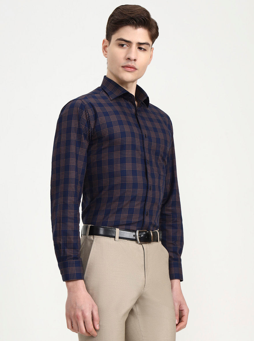 Blue & Brown Checked Slim Fit Formal Shirt | Metal