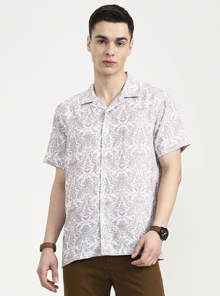 White & Grey Printed Slim Fit Party Wear Shirt | Wyre