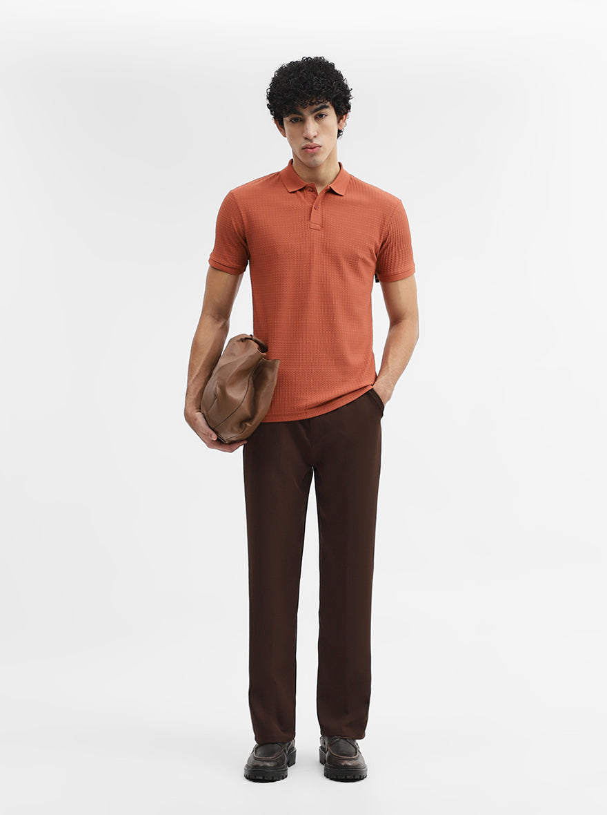 Rust Jacquard Slim Fit Polo T-Shirt | Greenfibre