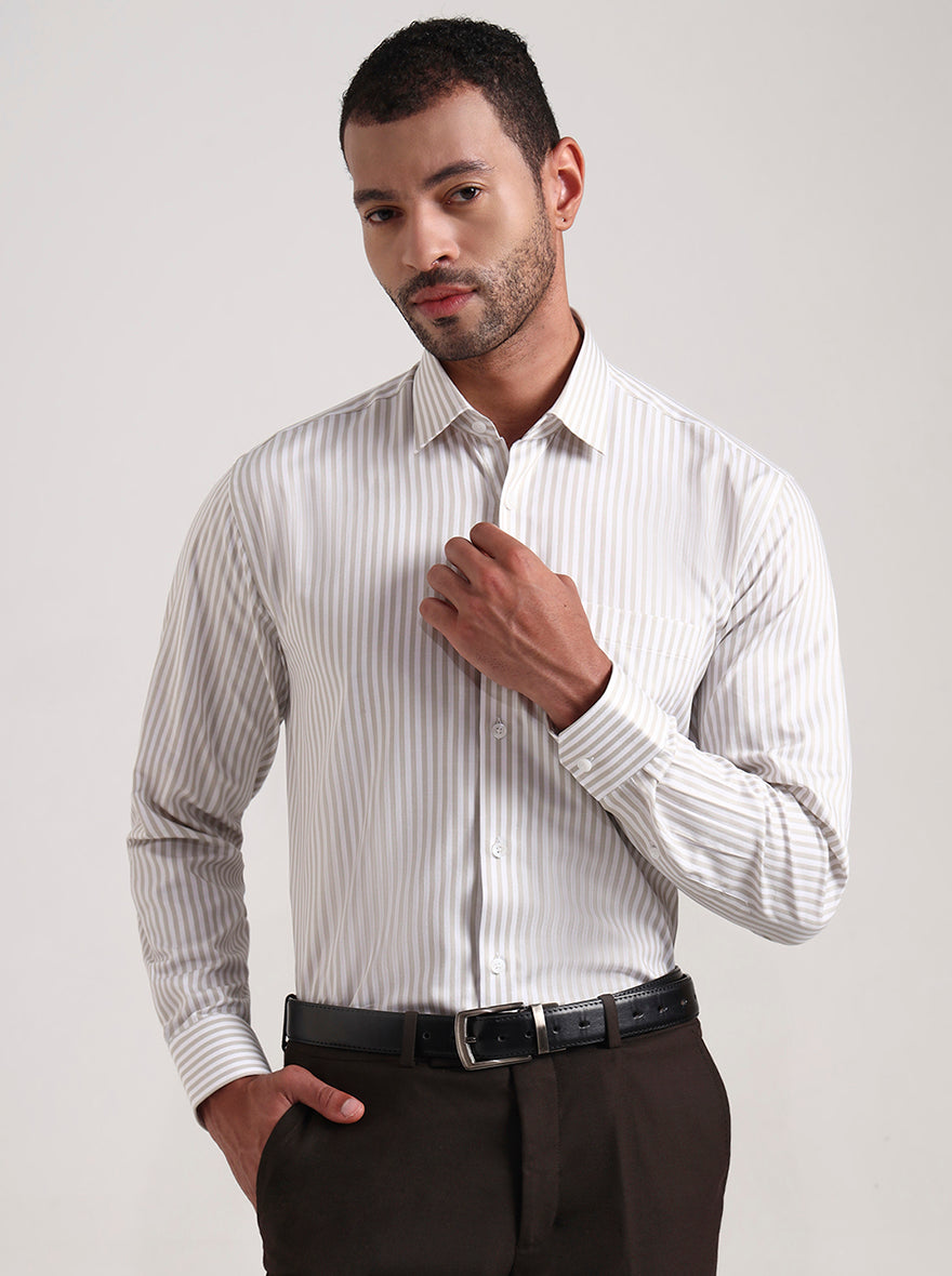 White & Cream Striped Regular Fit Formal Shirt | JadeBlue