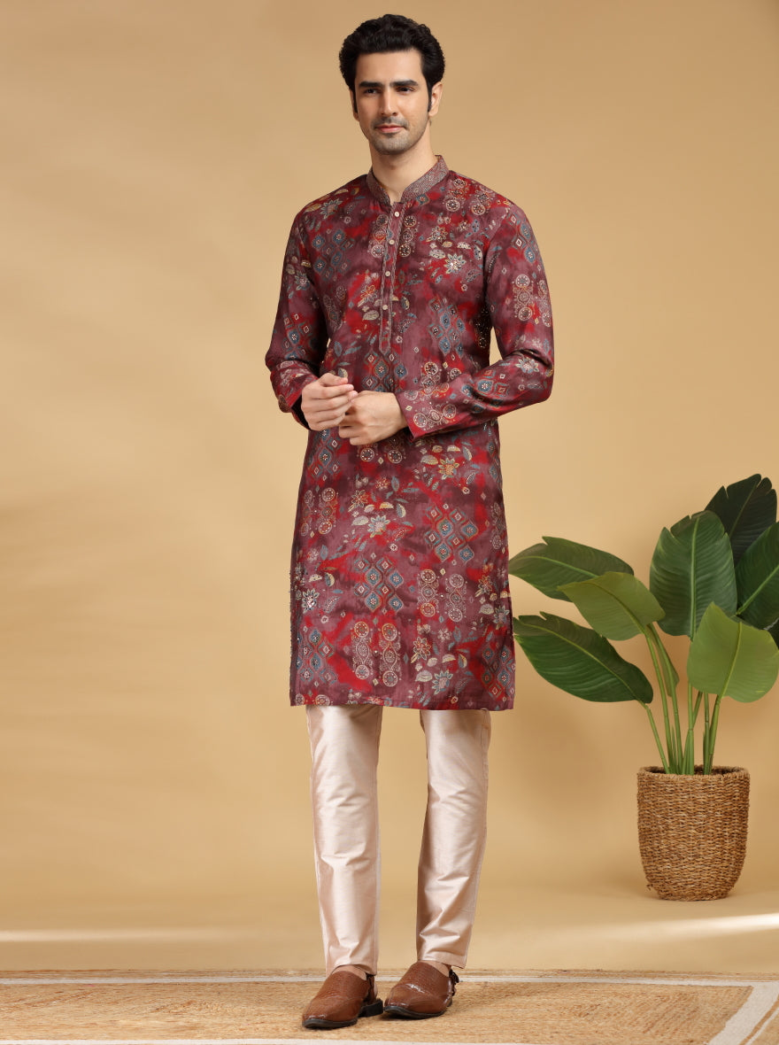 Wine Embroidered Kurta Pajama | TULA