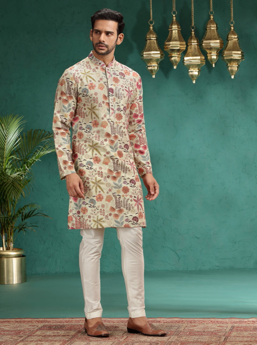 Cream & Brown Printed Kurta Pajama | TULA
