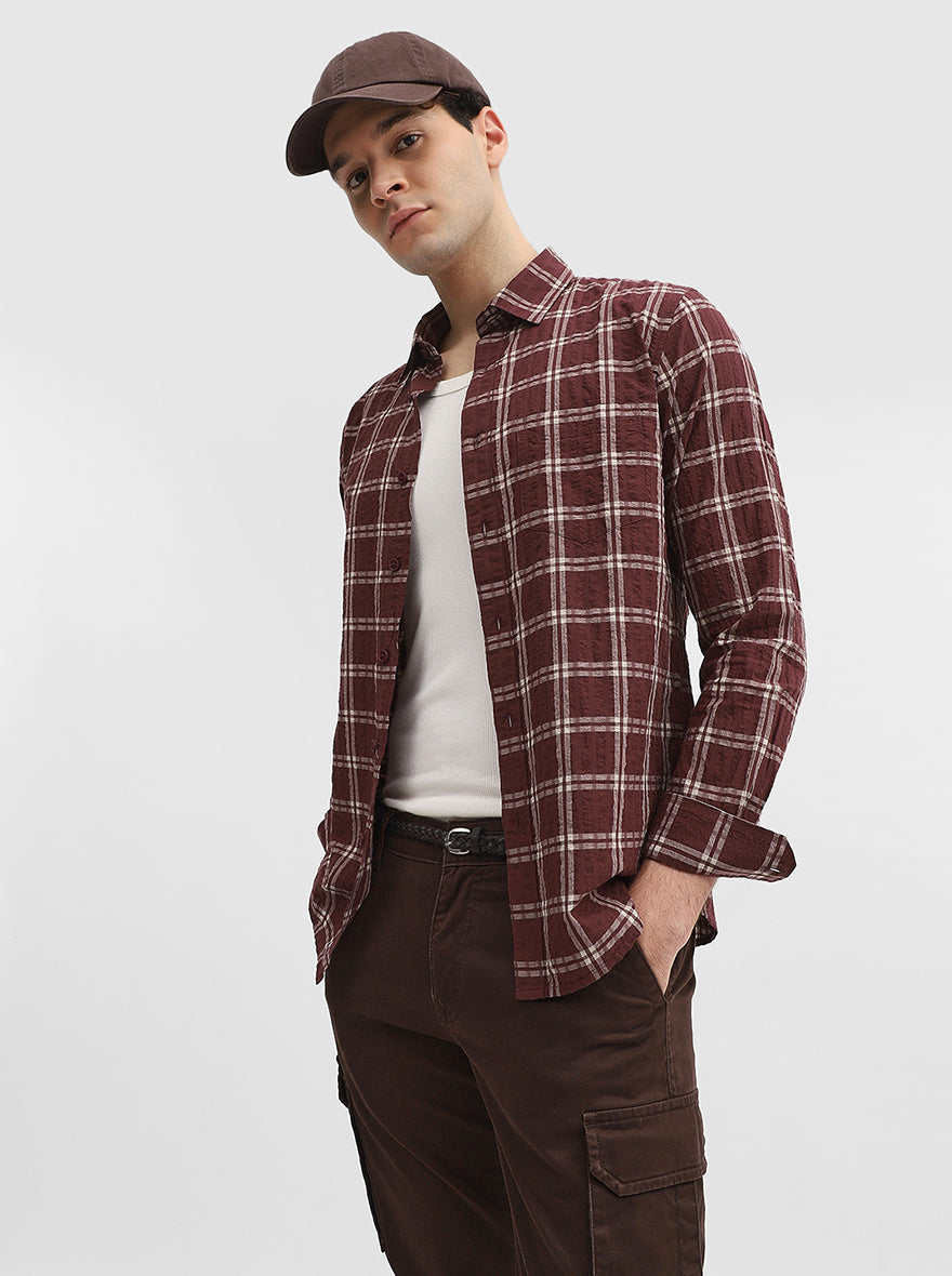 Maroon Checked Slim Fit Casual Shirt | Greenfibre