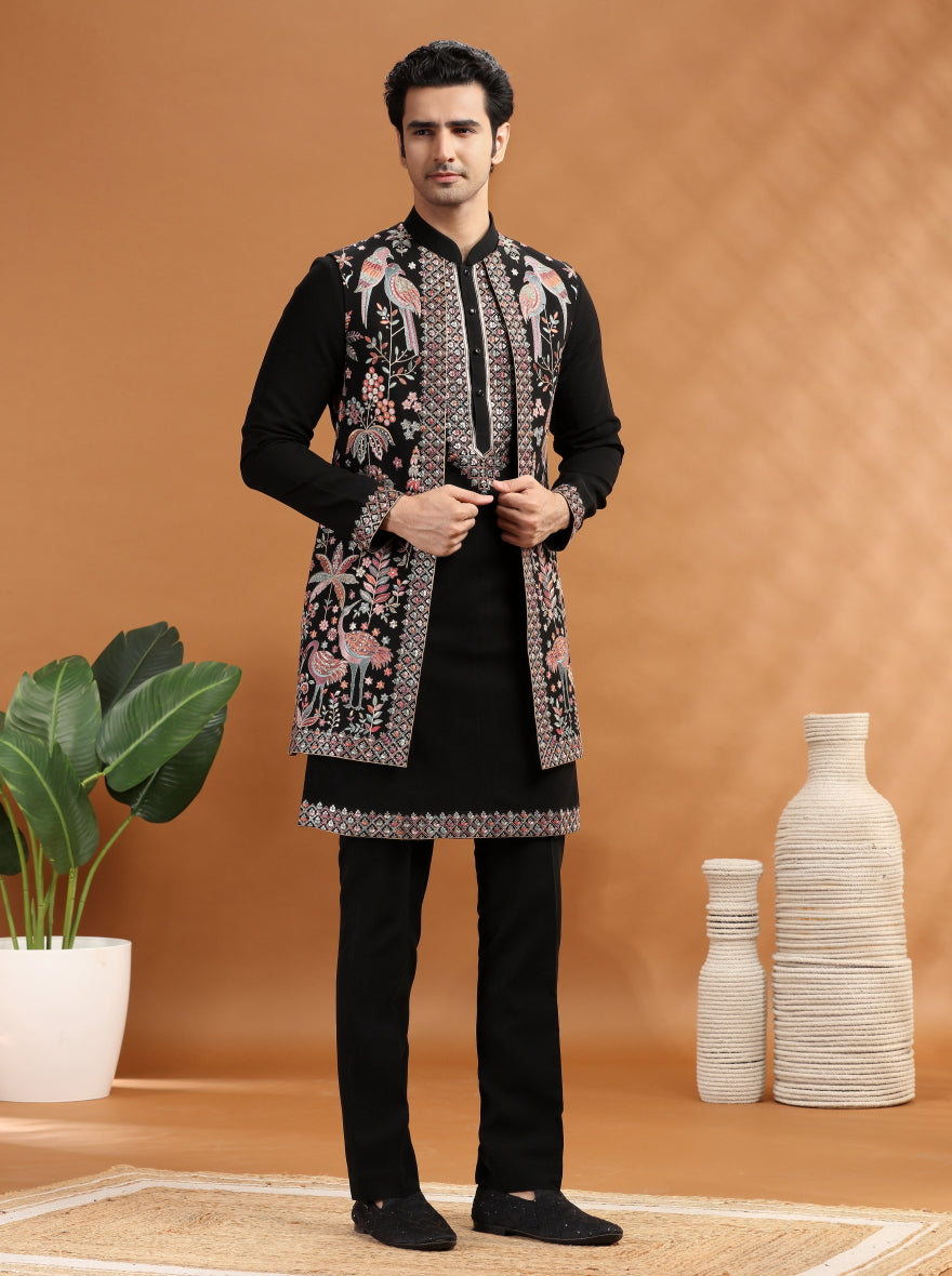 Black Embroidered Kurta Pajama with Koti | TULA