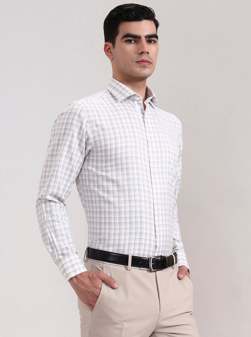 Green & Fawn Checked Slim Fit Formal Shirt | Greenfibre