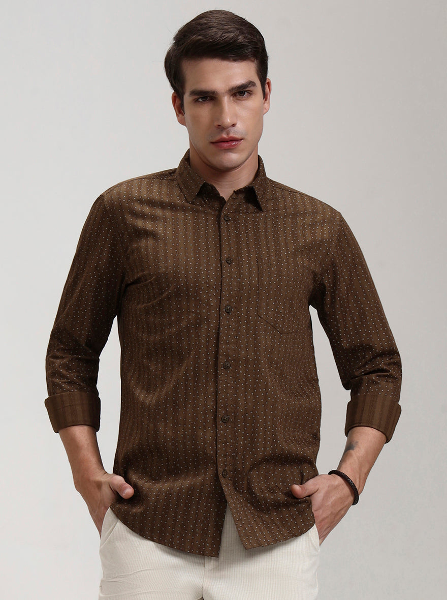Khaki Printed Slim Fit Casual Shirt | JadeBlue