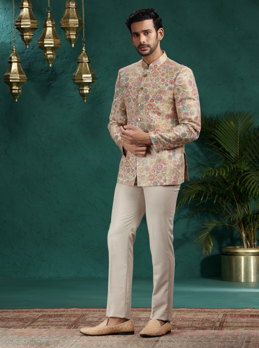 Beige & Multicolor Self Design Jodhpuri Suit | TULA