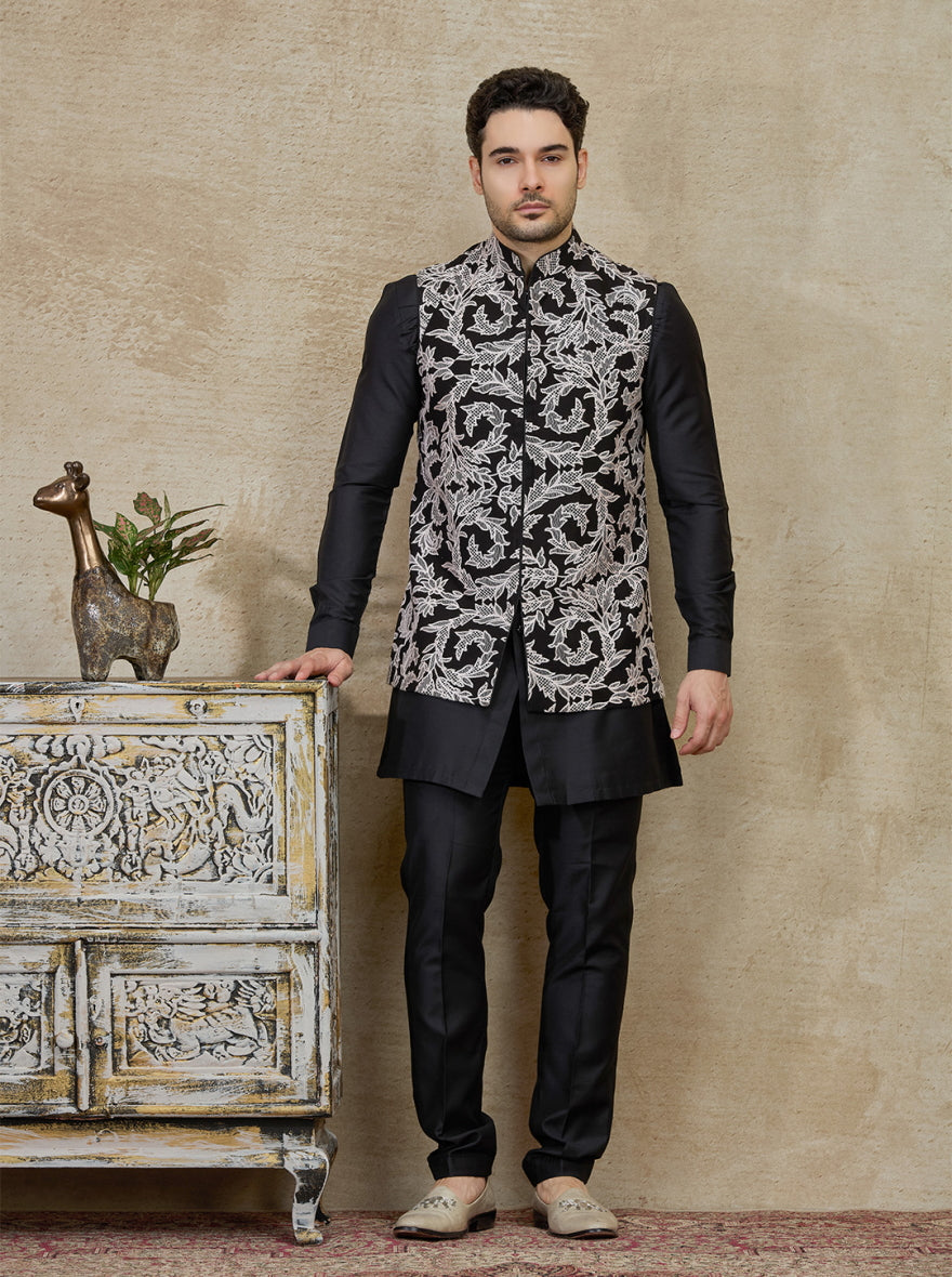 Black Embroidered Kurta Pajama with Koti | TULA