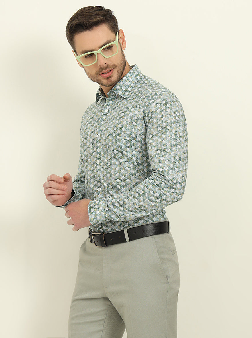 Green Printed Slim Fit Formal Shirt | JadeBlue Youth
