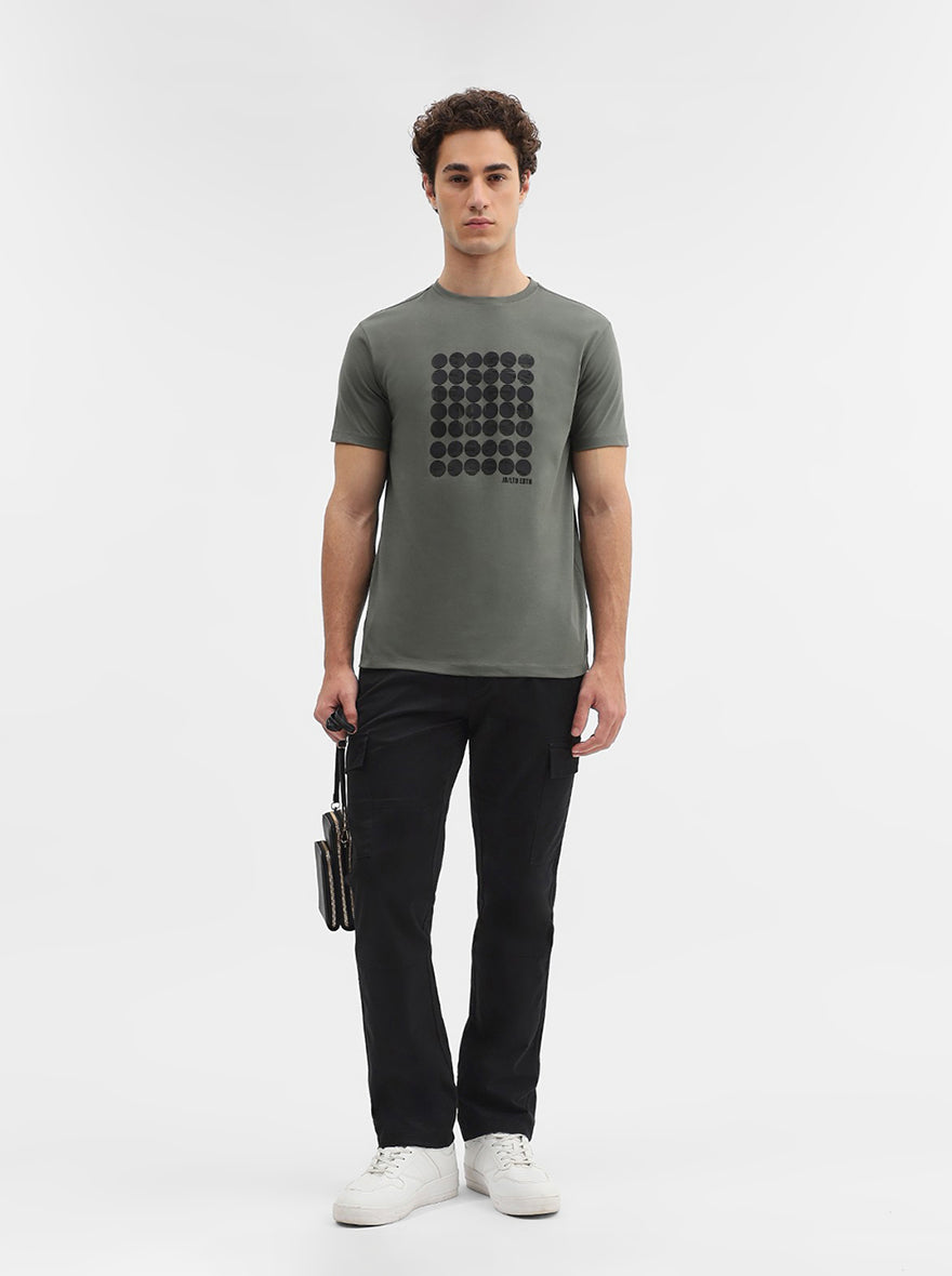 Olive Green Printed Slim Fit T-Shirt | JadeBlue