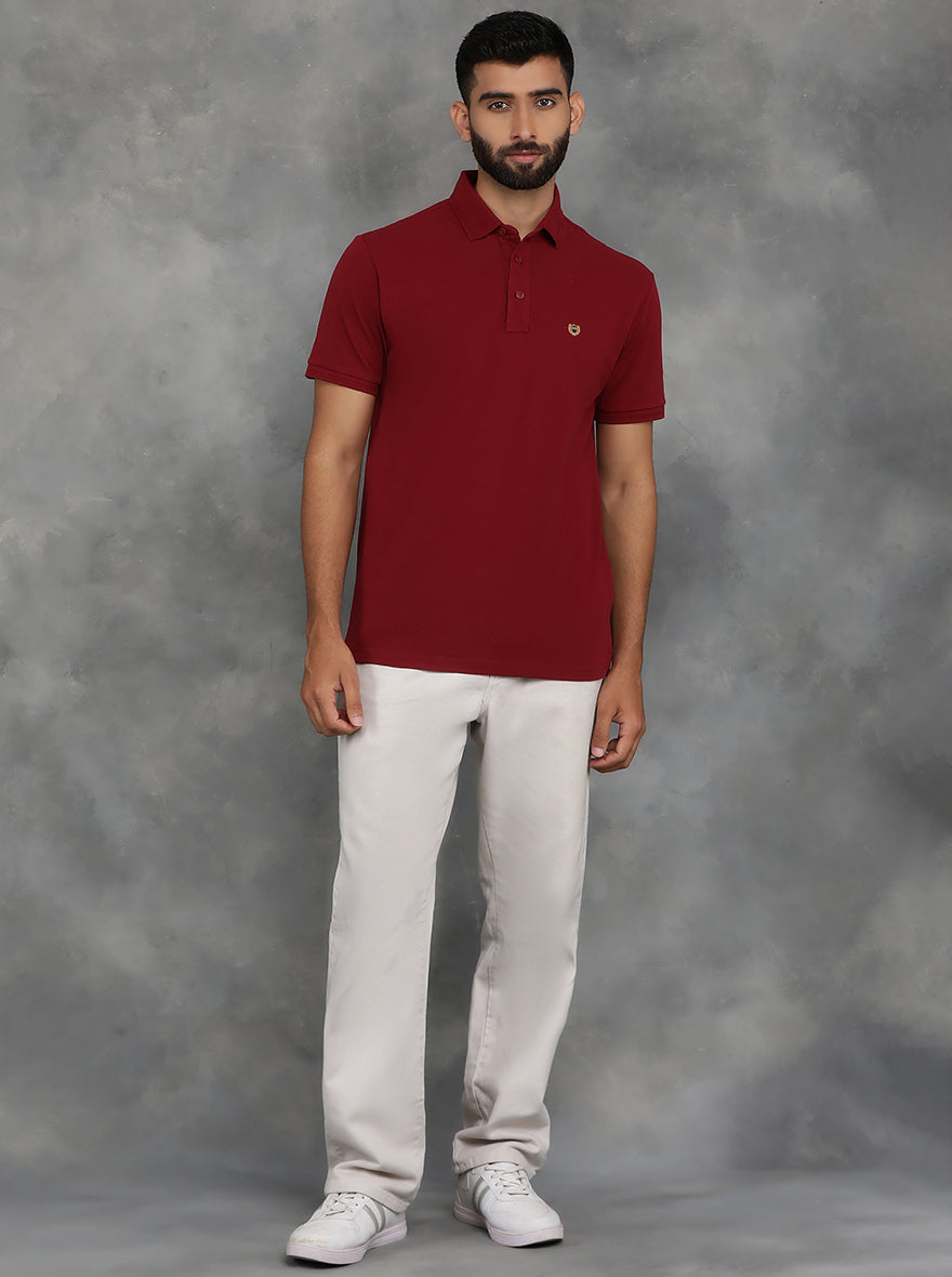 Maroon Solid Slim Fit Polo T-Shirt | JadeBlue