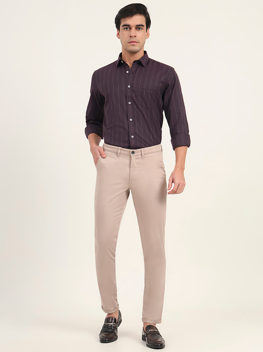 Beige Solid Neo Fit Casual Trouser | Greenfibre