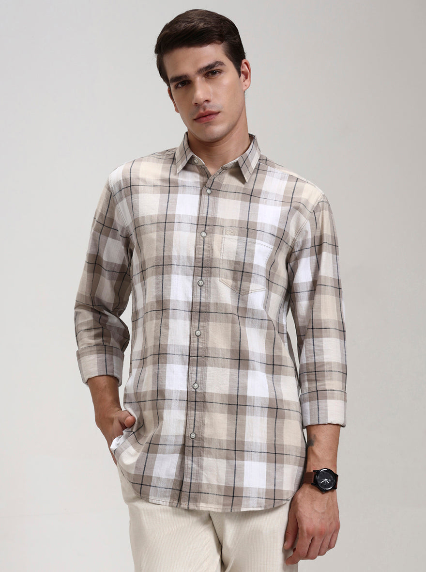 Beige Checked Slim Fit Casual Shirt | JadeBlue