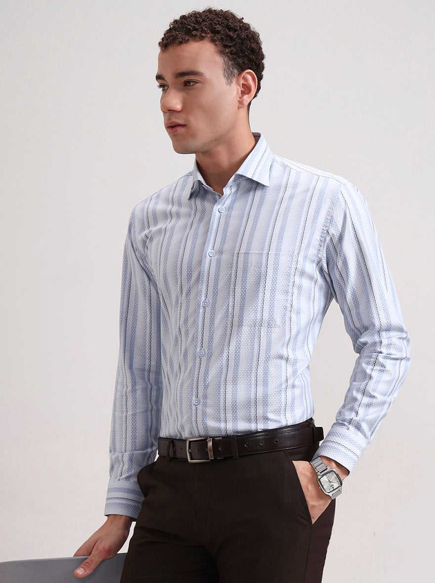 Sky Blue & White Striped Slim Fit Formal Shirt | Metal