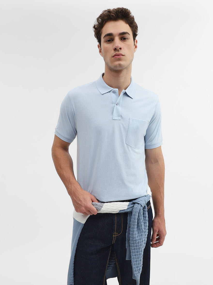 Sky Blue Solid Regular Fit Polo T-Shirt | Greenfibre