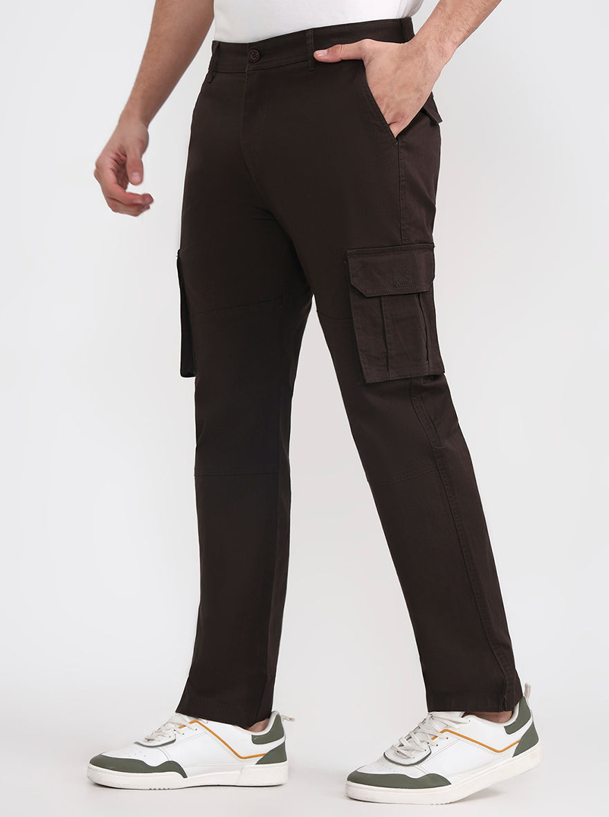 Dark Olive Brown Solid Slim Fit Cargo Pant | Greenfibre