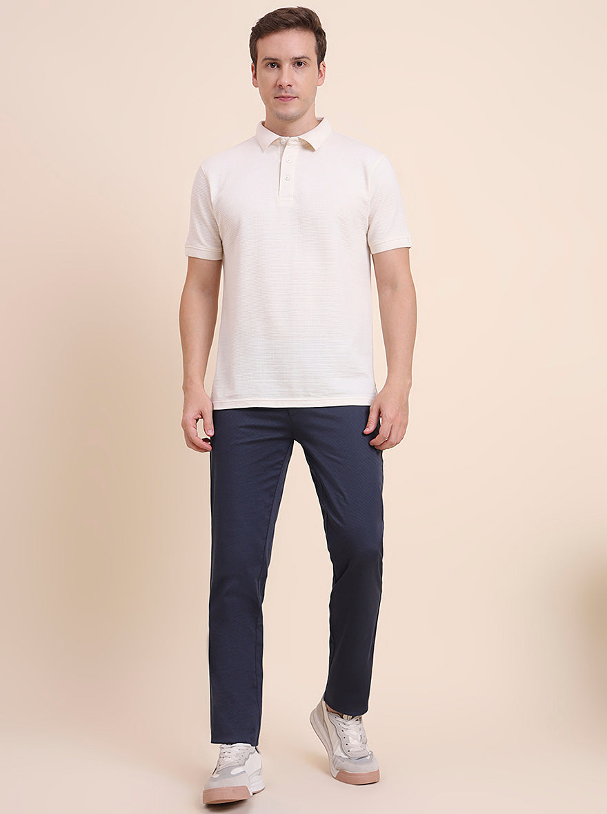Navy Blue Printed Uno Fit Casual Trouser | JadeBlue