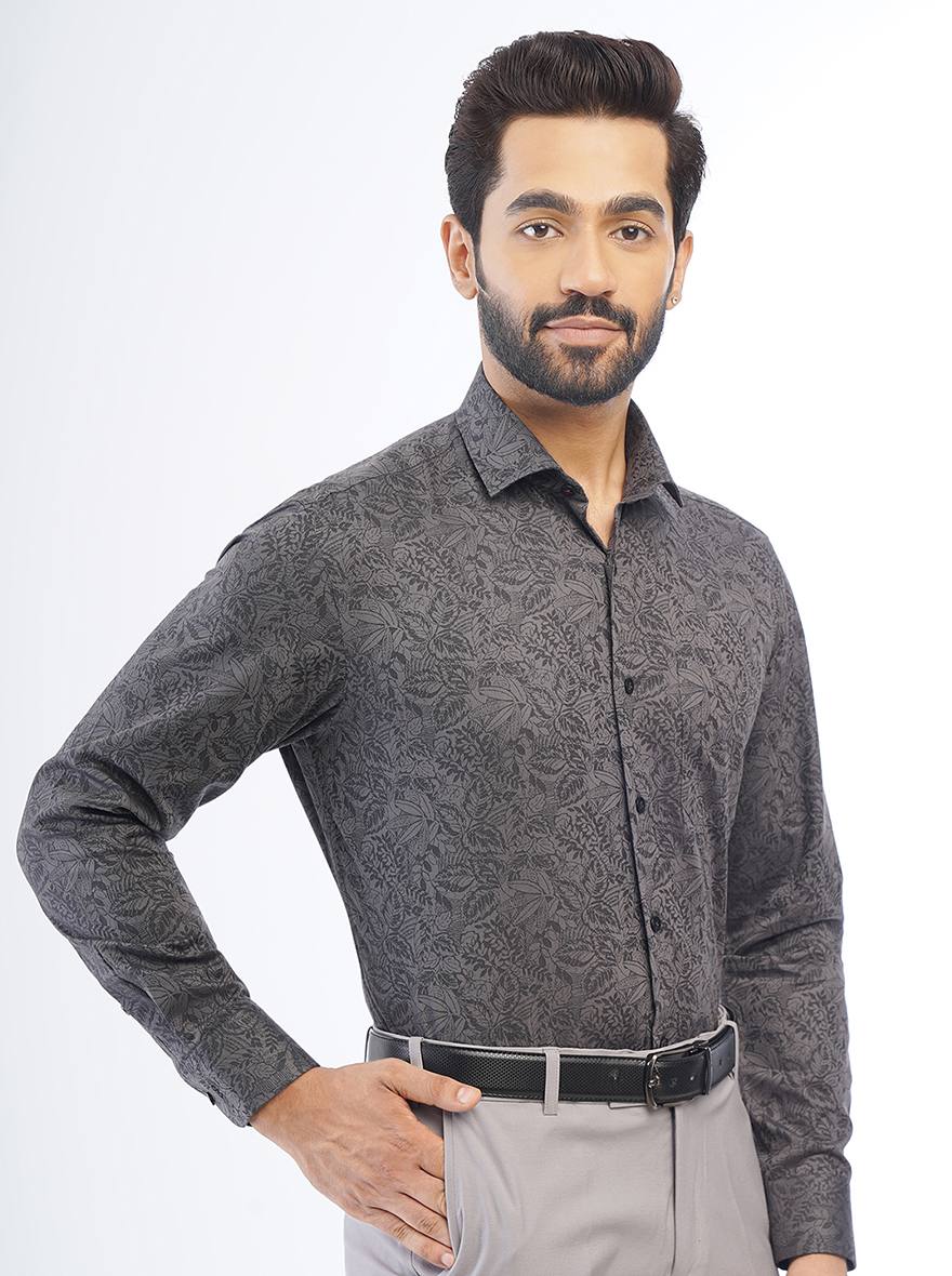 Dark Grey Printed Slim Fit Formal Shirt | Metal