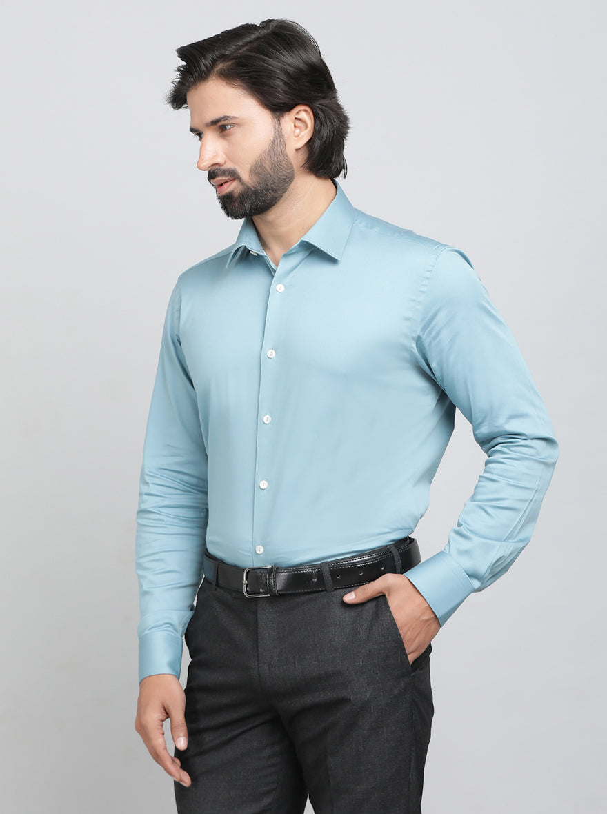 Aqua Blue Solid Slim Fit Party Wear Shirt | Wyre