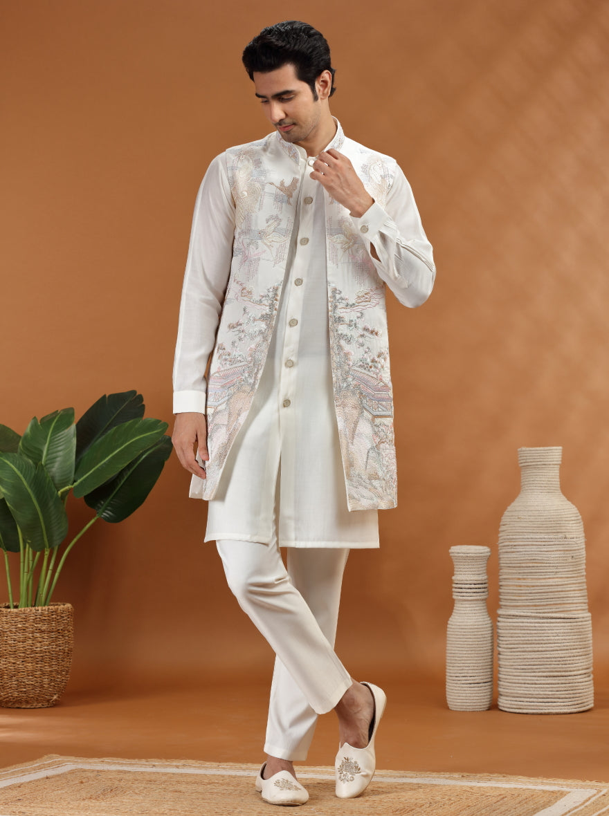 Cream Embroidered Kurta Pajama with Koti | TULA