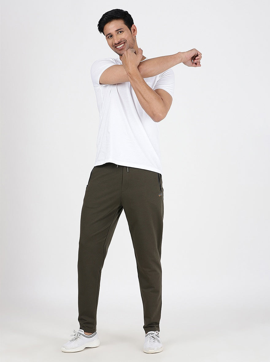 Olive Green Solid Slim Fit Track Pant | JadeBlue