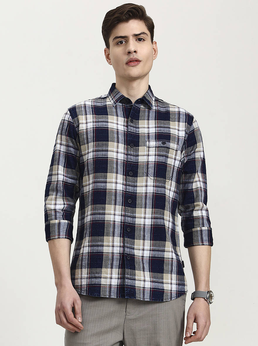 Blue & Pista Checked Slim Fit Casual Shirt | JadeBlue