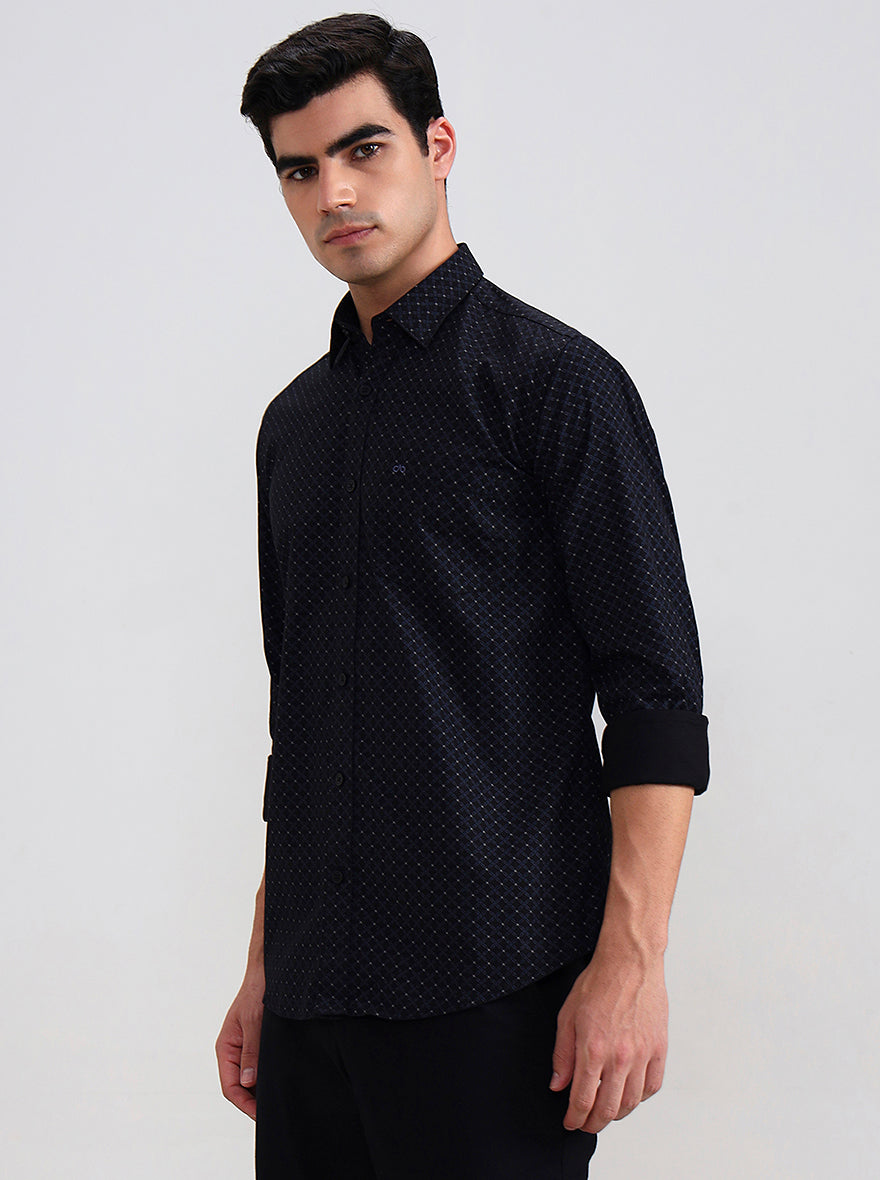 Navy Blue Printed Tailored Fit Semi Casual Shirt | JadeBlue