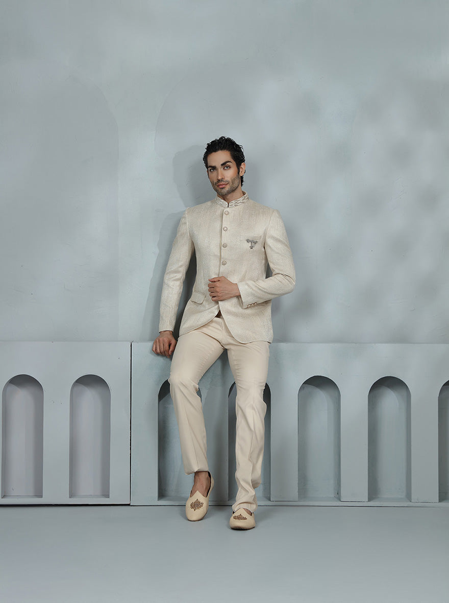 Fawn Self Design Jodhpuri Suit | TULA