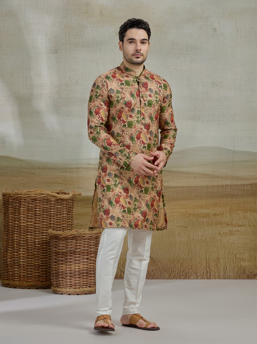 Beige & Green Printed Kurta | The Kurta Company