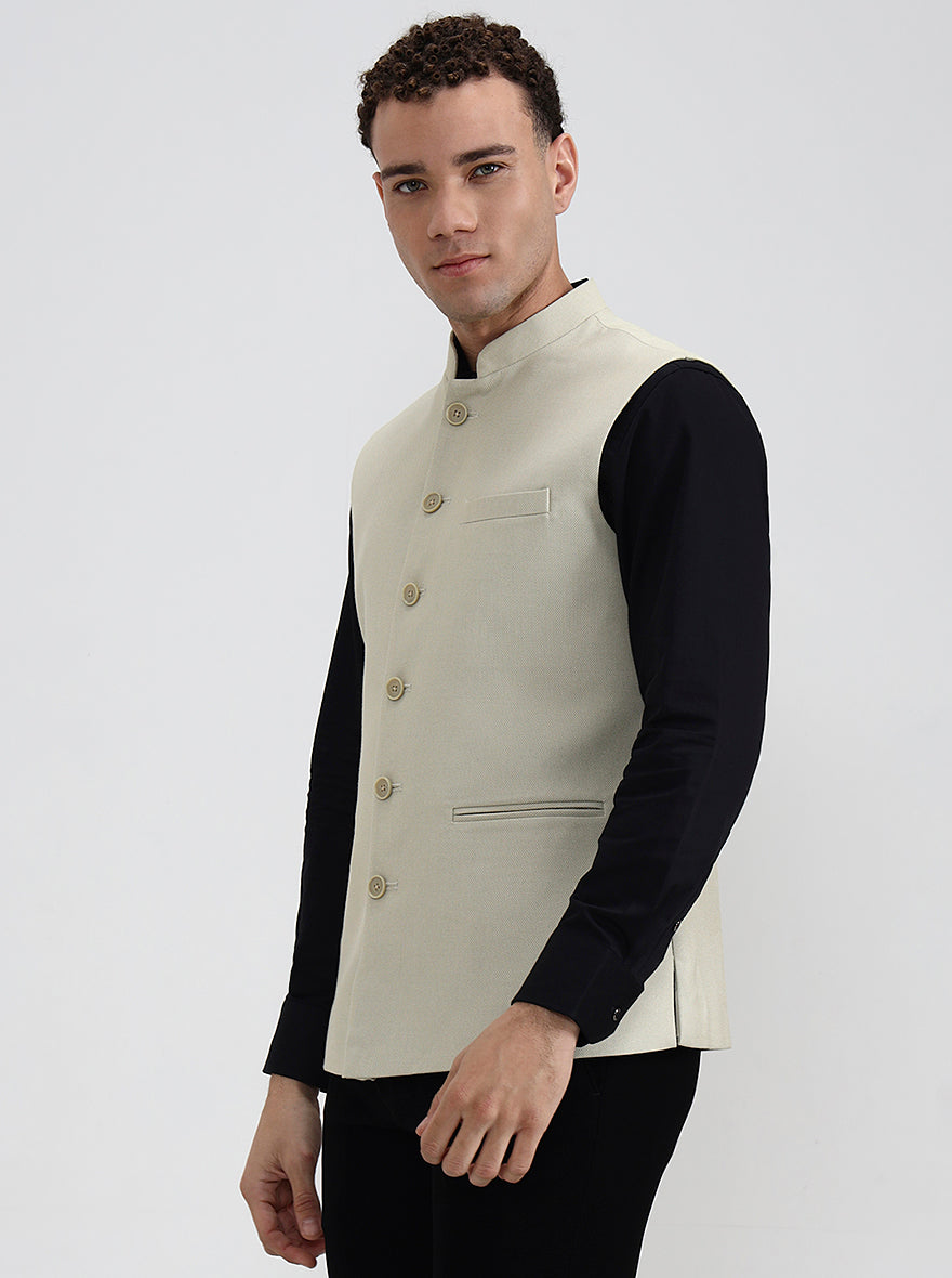 Beige Solid Regular Fit Waistcoat | Greenfibre