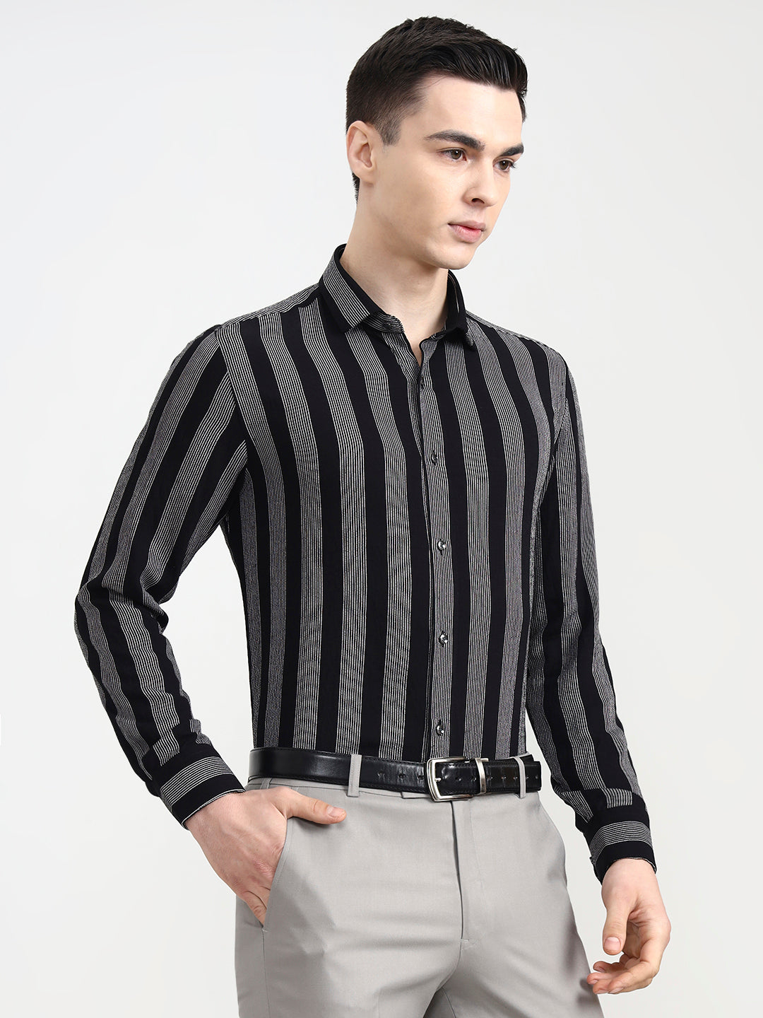 Black & White Striped Slim Fit Party Wear Shirt | Wyre