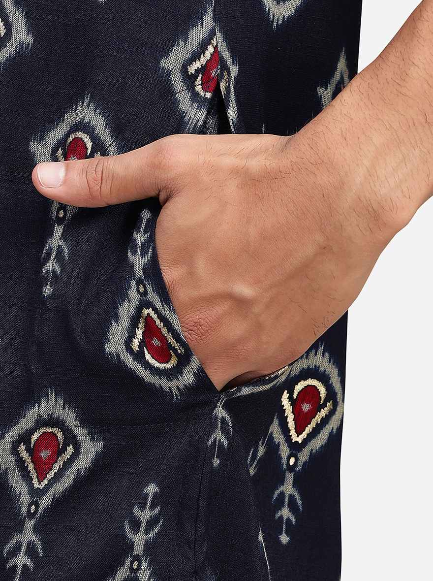 Navy Blue Cotton Blend Straight Cut Printed Kurta | The Kurta Company