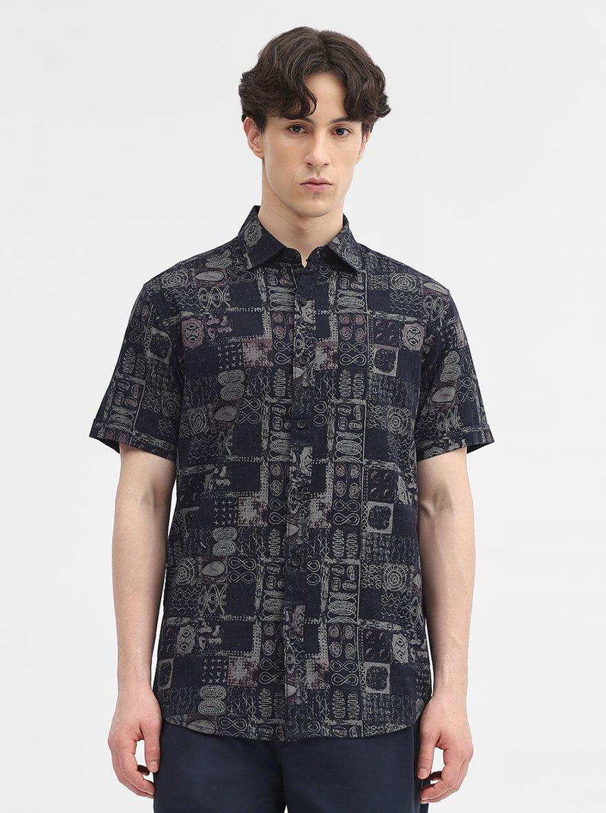 Navy Blue Printed Slim Fit Casual Shirt | JadeBlue