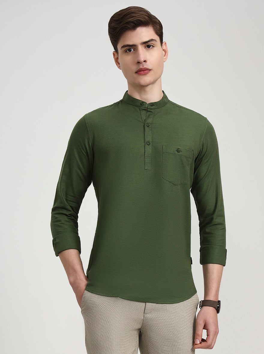 Olive Solid Slim Fit Sort Kurta | JadeBlue
