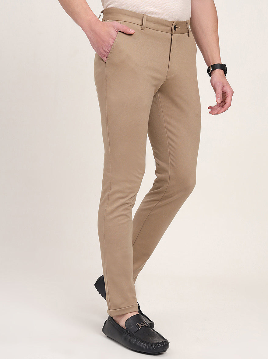 Beige Solid Venice Fit Casual Trouser | JadeBlue