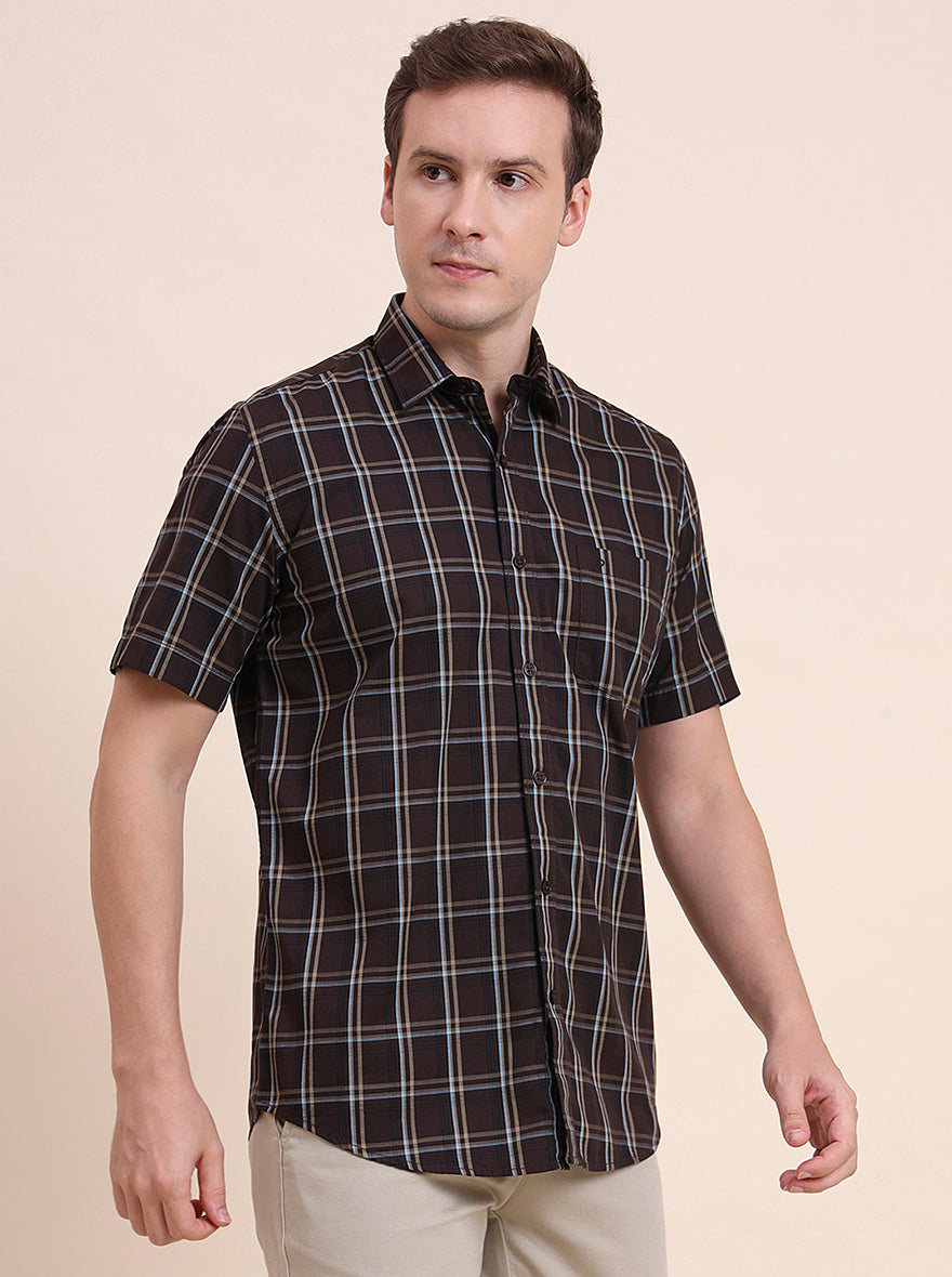 Dark Brown Checked Tailored Fit Semi Casual Shirt | JadeBlue