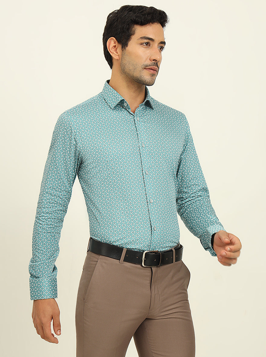 Green Printed Slim Fit Formal Shirt | Metal