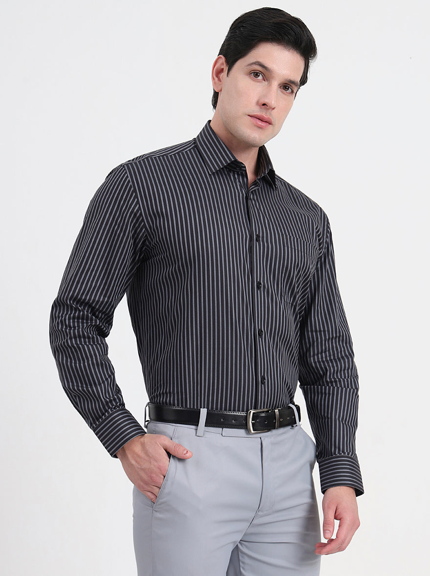 Black & Grey Striped Regular Fit Formal Shirt | JadeBlue