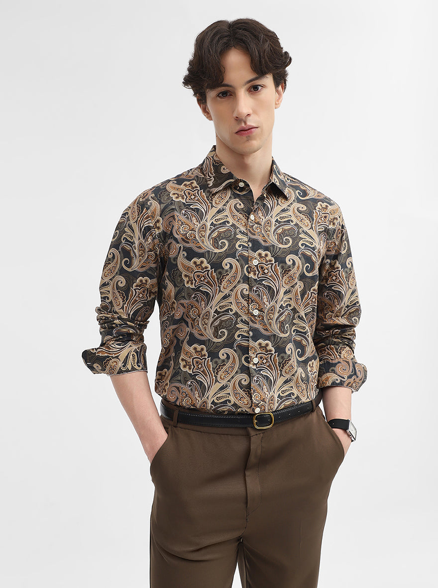 Brown Printed Slim Fit Casual Shirt | JadeBlue