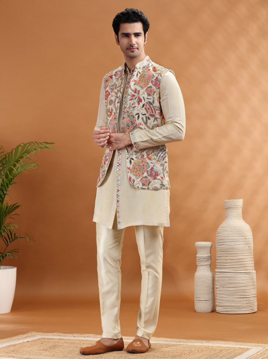 Beige Embroidered Kurta Pajama with Koti | TULA