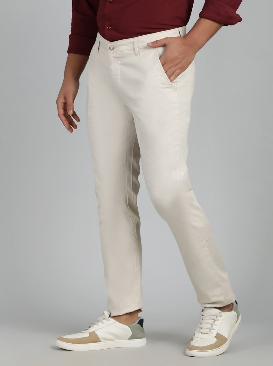 Cream Solid Super Slim Fit Casual Trouser | Greenfibre